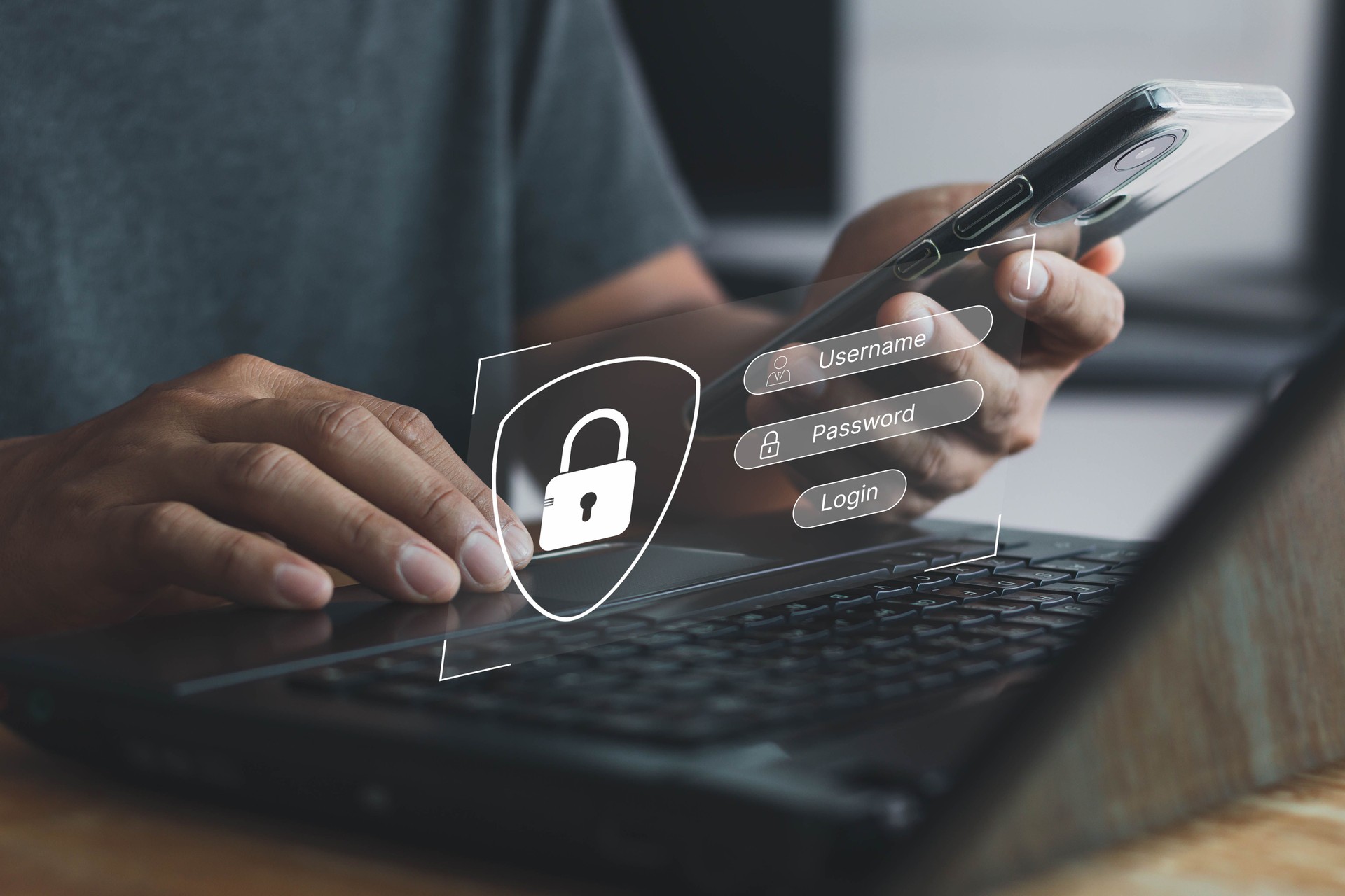 Concept of cyber security, information security and encryption. Man hand typing on a keyboard with login and password on-screen display. login, password, data protection and secured internet access.